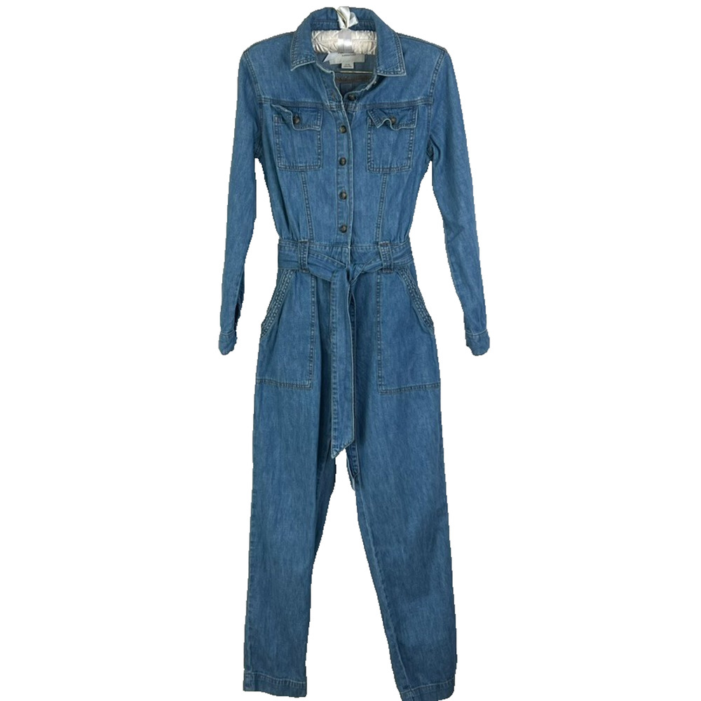 Pilcro Anthropologie Jumpsuit Women's XS Blue Denim Belted Button Up 100% Cotton